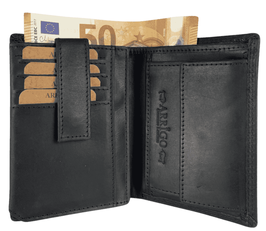 Arrigo RFID-blocking black leather buffalo wallet open showing card slots and bill compartment with euro banknotes.