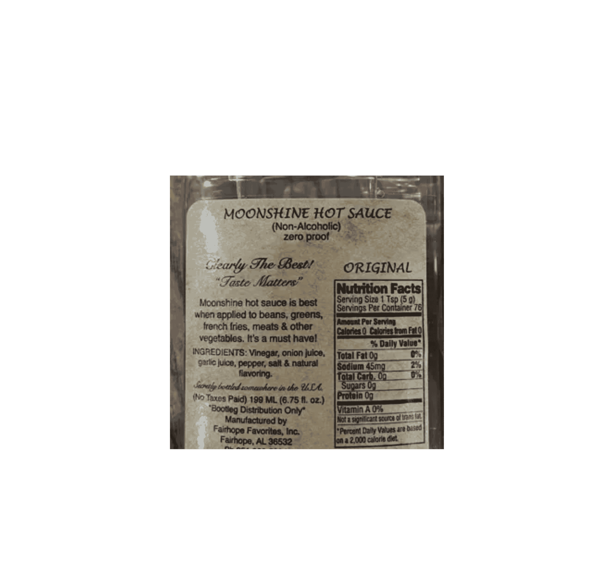 moonshine hot sauce original small flask close up showing label, ingredients, and southern style branding