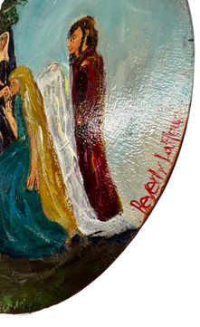 Original acrylic painting by South Louisiana artist Beverly LaFleur showing the baptism of Jesus with figures gathered beside flowing water on a round wooden plaque.