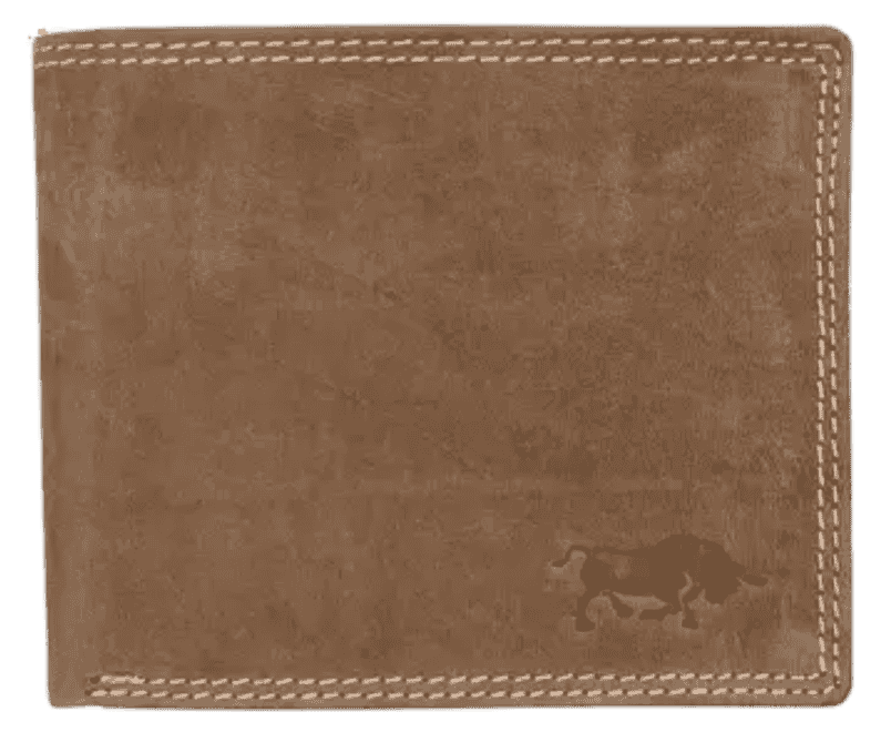 Front view of light cognac Arrigo leather bifold wallet with embossed logo and stitching.