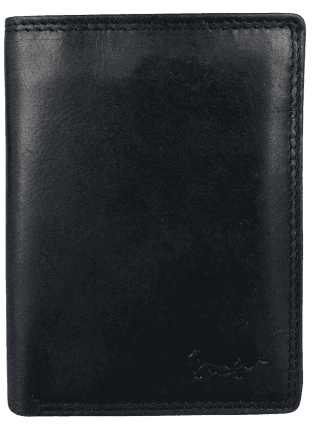 Close-up of Arrigo RFID-blocking black leather buffalo wallet front showing natural leather texture and stitching.