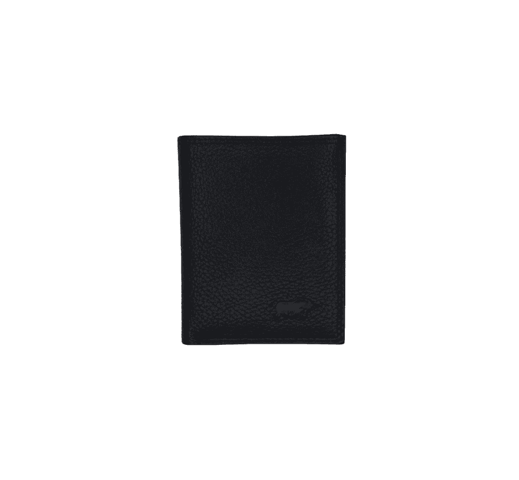 Black leather card holder by Arrigo, slim wallet for credit cards with textured leather finish, front view