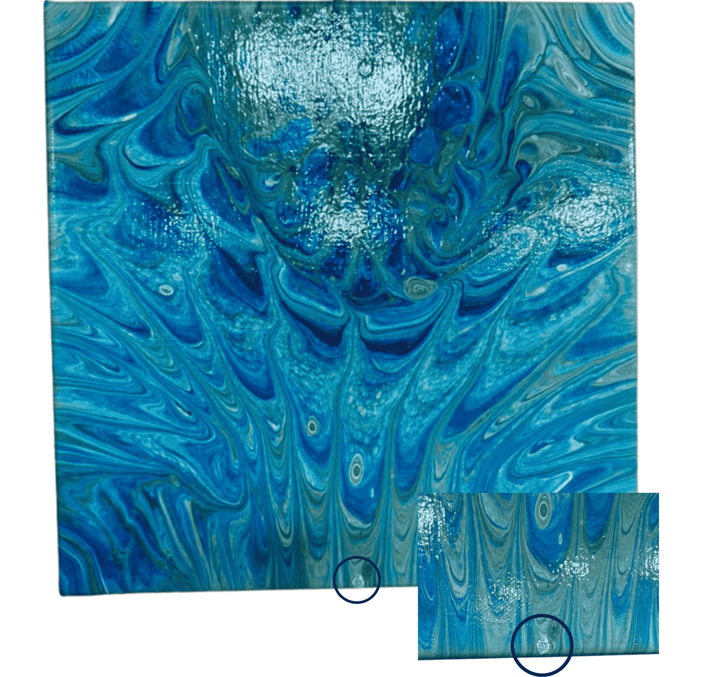 Blue abstract acrylic pour painting with swirling turquoise and deep blue marbled patterns resembling ocean water.