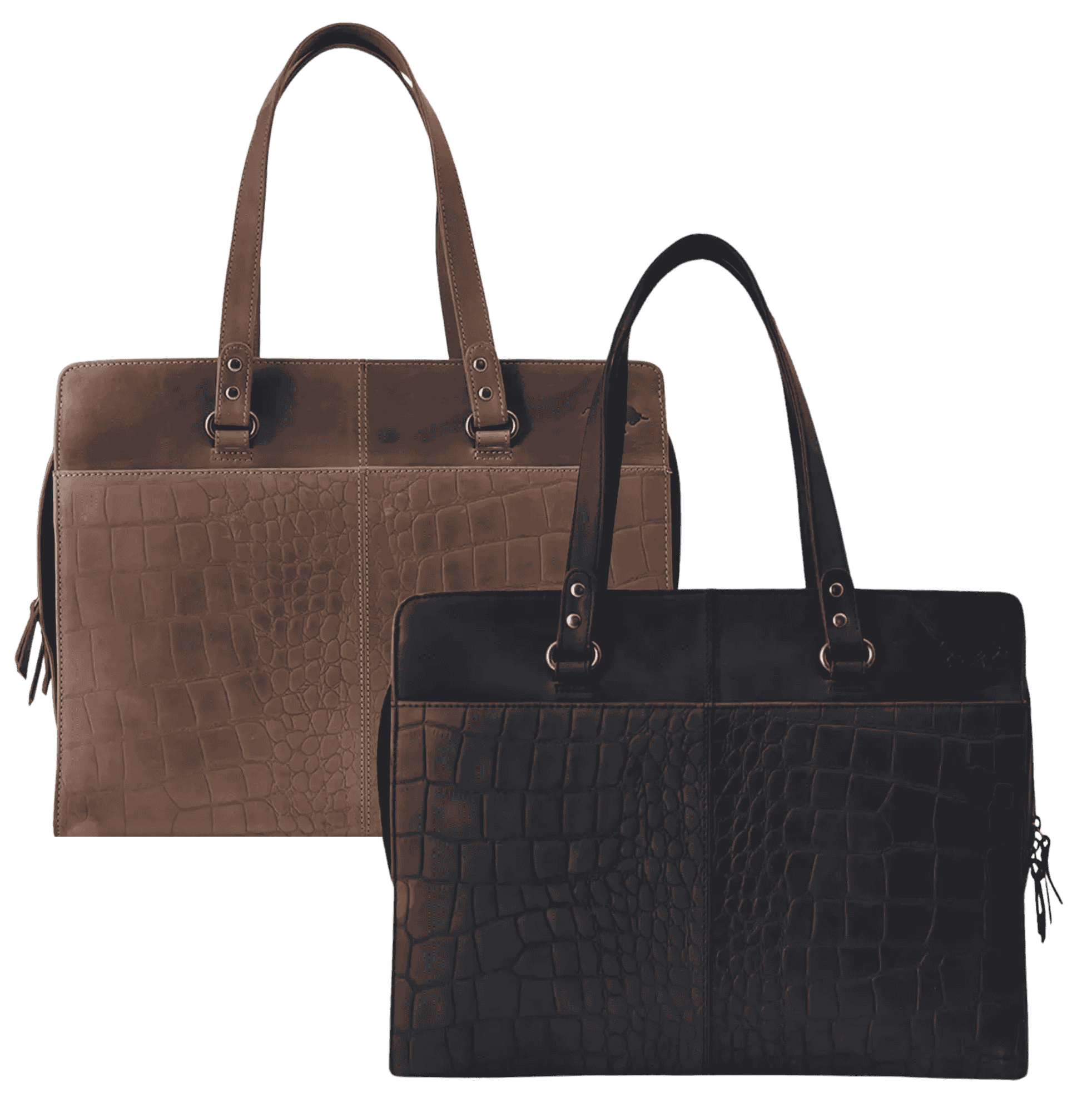 Arrigo leather laptop tote bag shown in black and brown with croc-embossed front panels and structured shoulder straps.