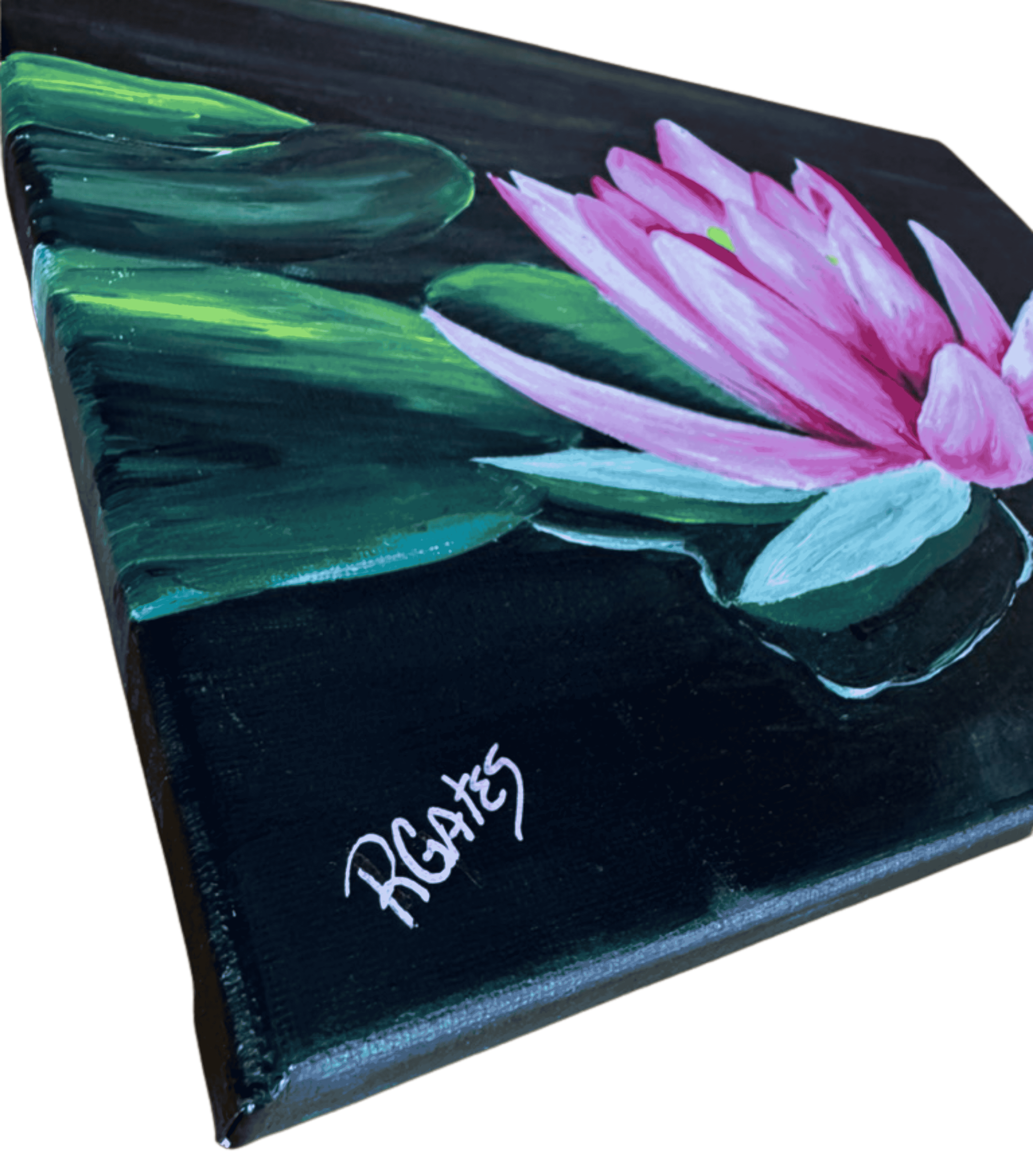 Artist signature detail on original R. Gates lotus flower painting featuring pink lotus petals and dark water reflections.