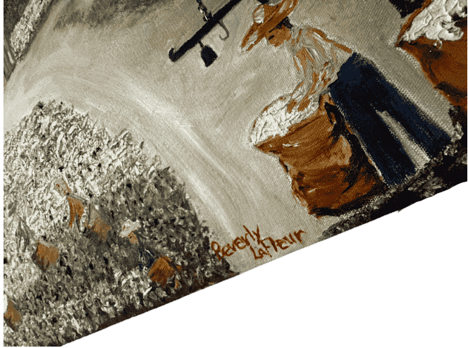Original acrylic painting by South Louisiana artist Beverly LaFleur showing children harvesting cotton in a field near a barn and oak tree in a rural farm landscape.