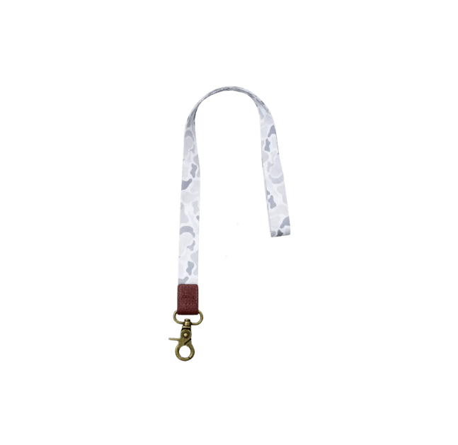 Scent South ice camo neck lanyard with leather logo detail and secure clasp, lightweight durable lanyard for keys and ID