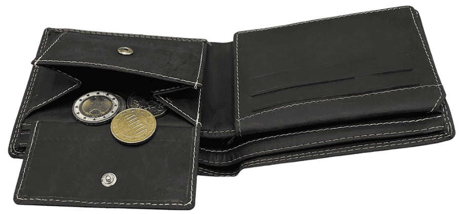 Black Arrigo leather bifold wallet interior with snap coin pocket and storage compartments.