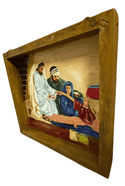 Original acrylic shadow box painting by South Louisiana artist Beverly LaFleur showing Jesus healing a sick person with figures gathered in a biblical scene.