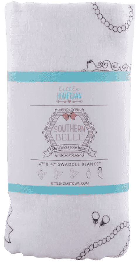 Little Hometown Southern Belle bamboo muslin swaddle blanket with bow and southern themed baby girl design.