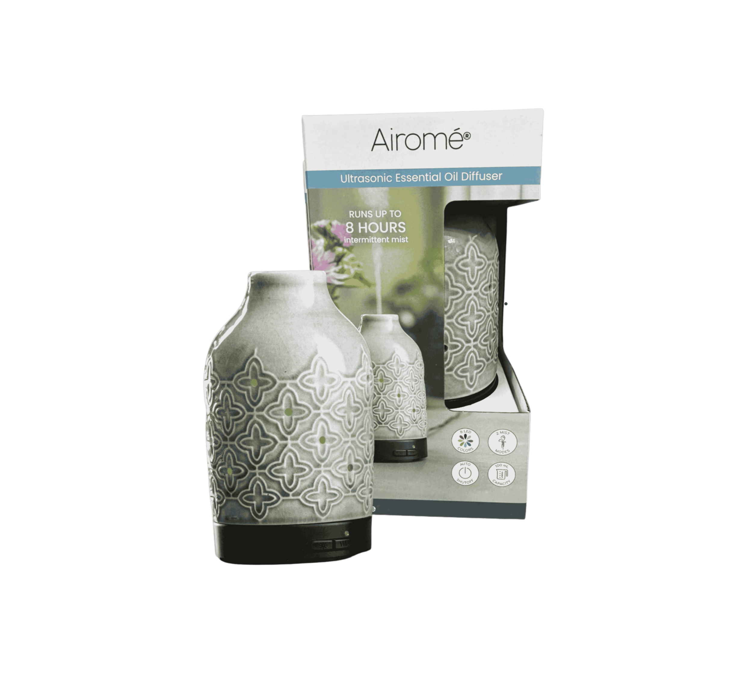 Ultrasonic essential oil diffuser by Airome, grey diffuser with geometric pattern and box packaging, front view