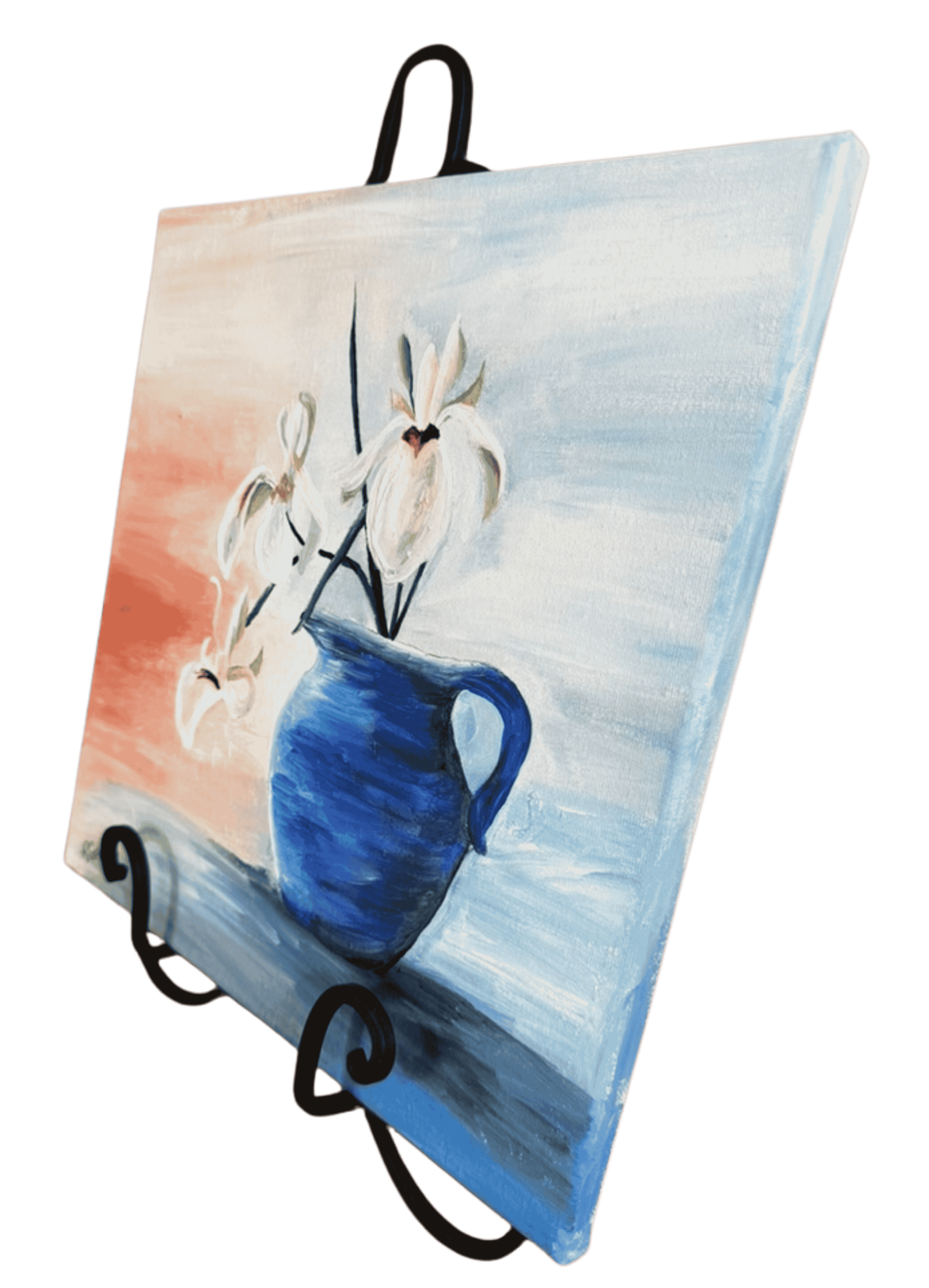 Side view of Flowers in Blue Jug original acrylic painting by R. Gates featuring white flowers in a cobalt blue jug.