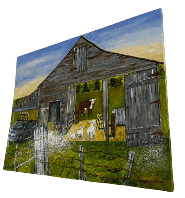 Original acrylic painting by South Louisiana artist Beverly LaFleur showing a weathered barn with cattle, goats, an old pickup truck, and fenced pasture in a rural farm scene.