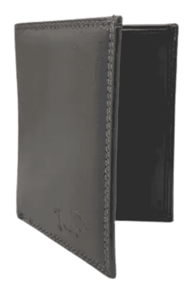 Grey leather card holder angled view, slim bifold wallet with card slots and compact design