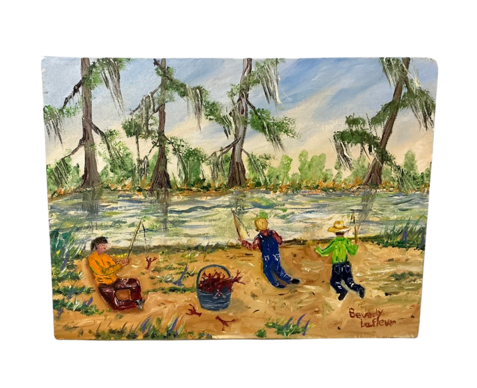 Original Beverly LaFleur acrylic painting of children crawfishing along a Louisiana bayou beneath cypress trees and Spanish moss.