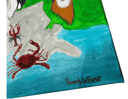 Original acrylic painting by South Louisiana artist Beverly LaFleur showing a magnolia flower with Louisiana wildlife including a deer, alligator, crab, crawfish, and bird around the state outline.