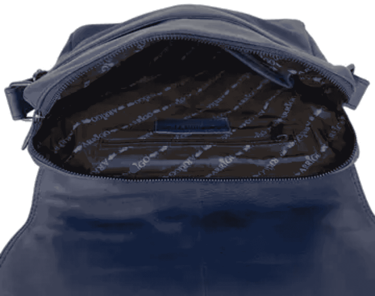 Interior view of Arrigo legacy navy leather messenger bag showing organized compartments and branded lining.
