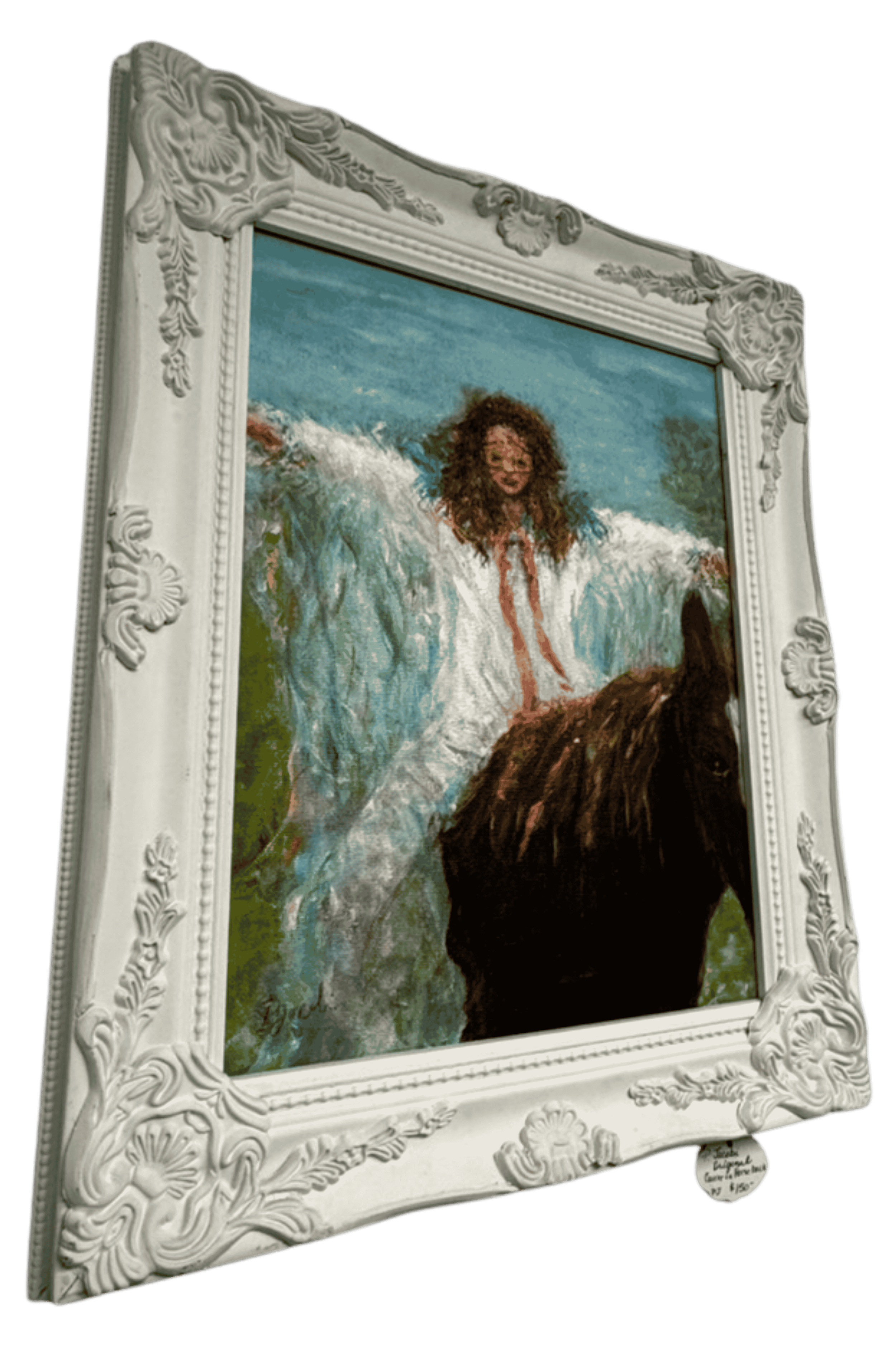 Angled view of Mardi Gras rider painting by P. Jacobi showing a woman in a wide-brim hat riding a white horse with expressive brushwork.