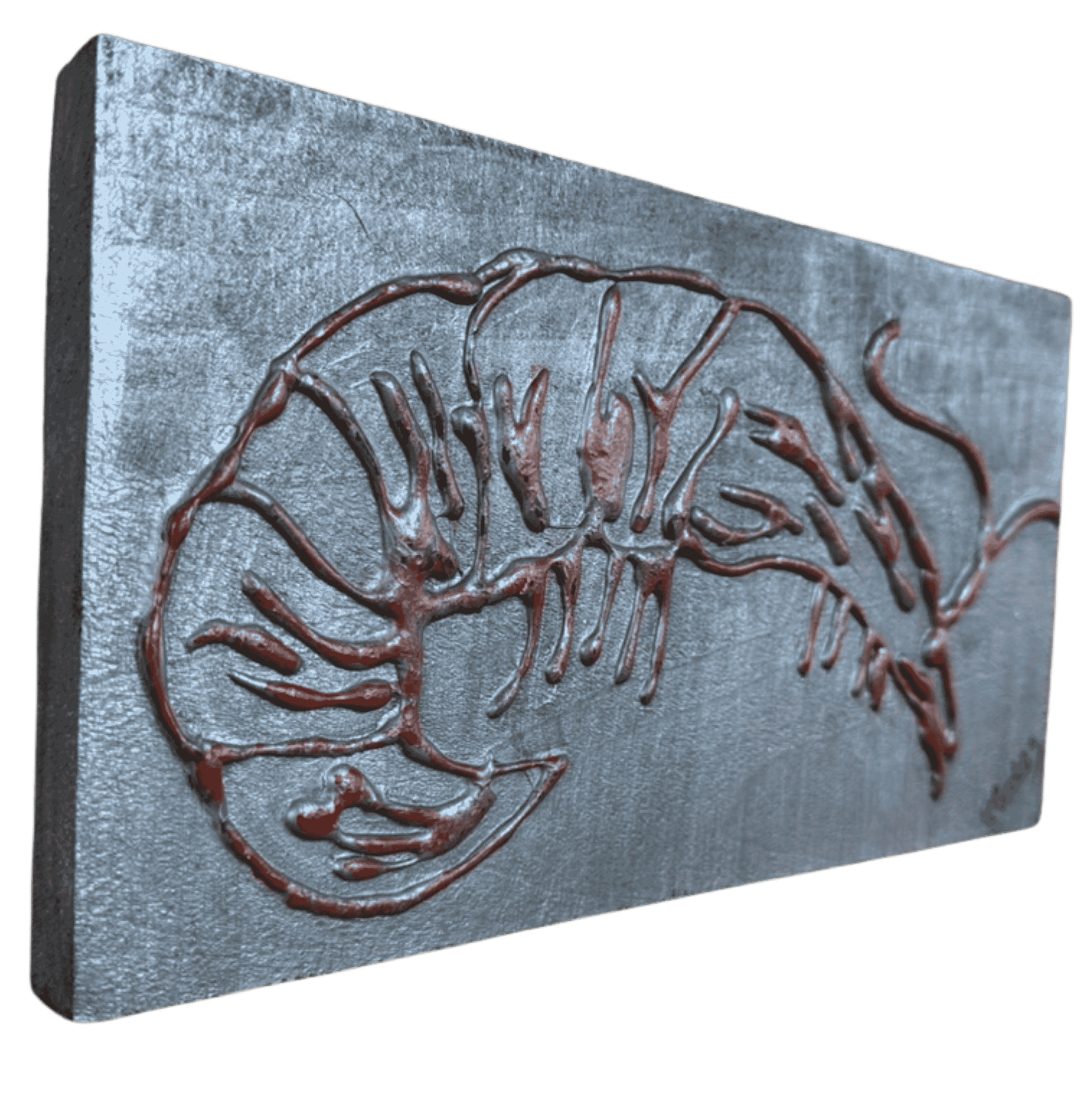 Angled view of original crawfish artwork highlighting raised mixed-media texture and industrial metallic finish details.