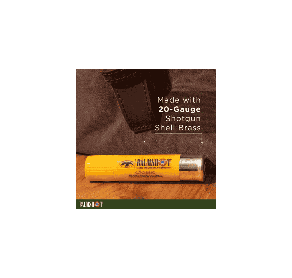 balmshot lip balm made with real 20 gauge shotgun shell brass casing shown close up