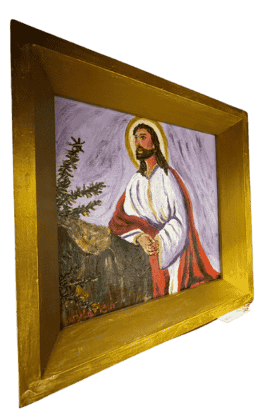 Original acrylic painting by South Louisiana artist Beverly LaFleur showing a portrait of Jesus with halo and red robe against a soft purple background.