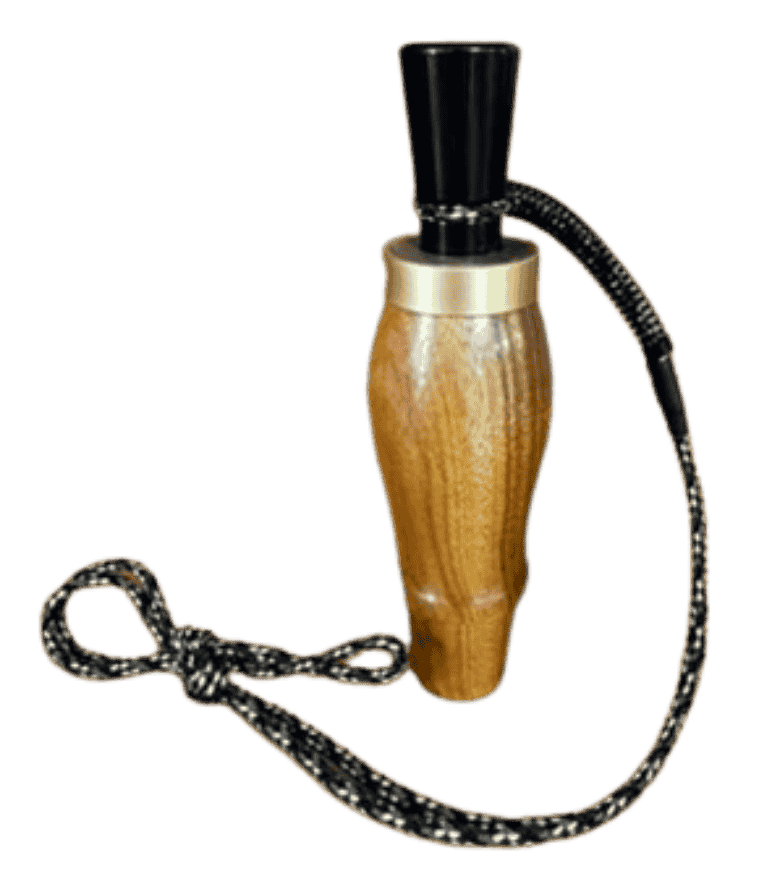 Canary wood hand-turned single reed duck call with brass band and braided lanyard handcrafted by Louisiana maker J. Baker.