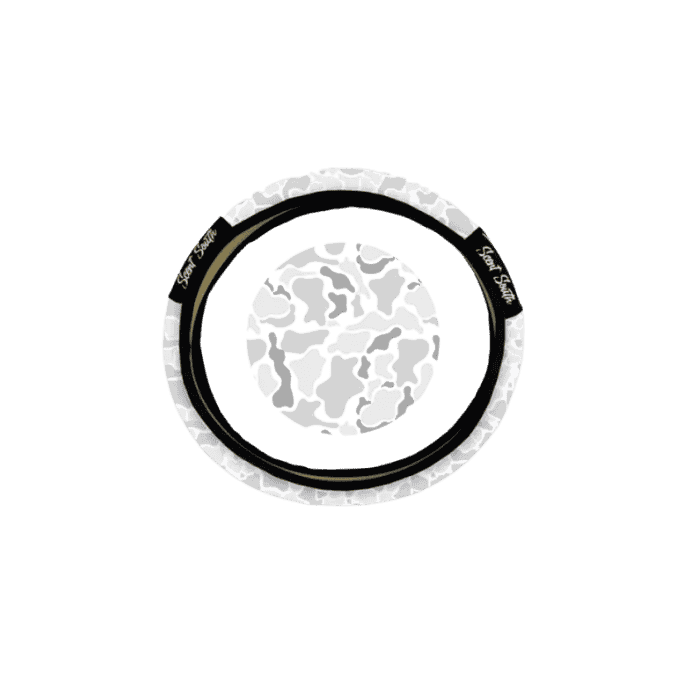 Scent South ice camo steering wheel cover with gray camouflage pattern, designed for improved grip, comfort, and stylish everyday driving