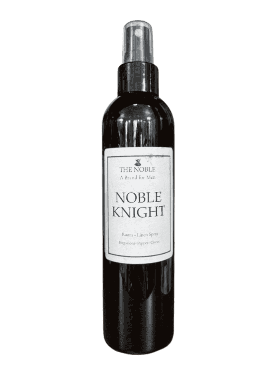 Noble Knight room and linen spray bottle by The Noble featuring masculine fragrance notes of bergamot, pepper, and citrus.