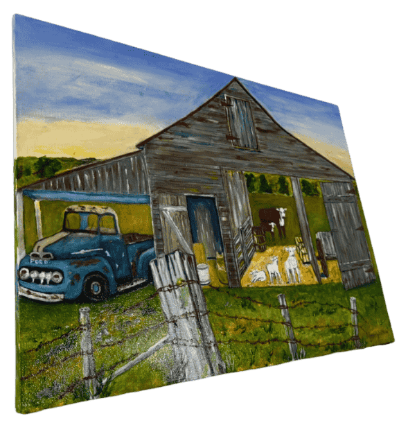 Original acrylic painting by South Louisiana artist Beverly LaFleur showing a weathered barn with cattle, goats, an old pickup truck, and fenced pasture in a rural farm scene.