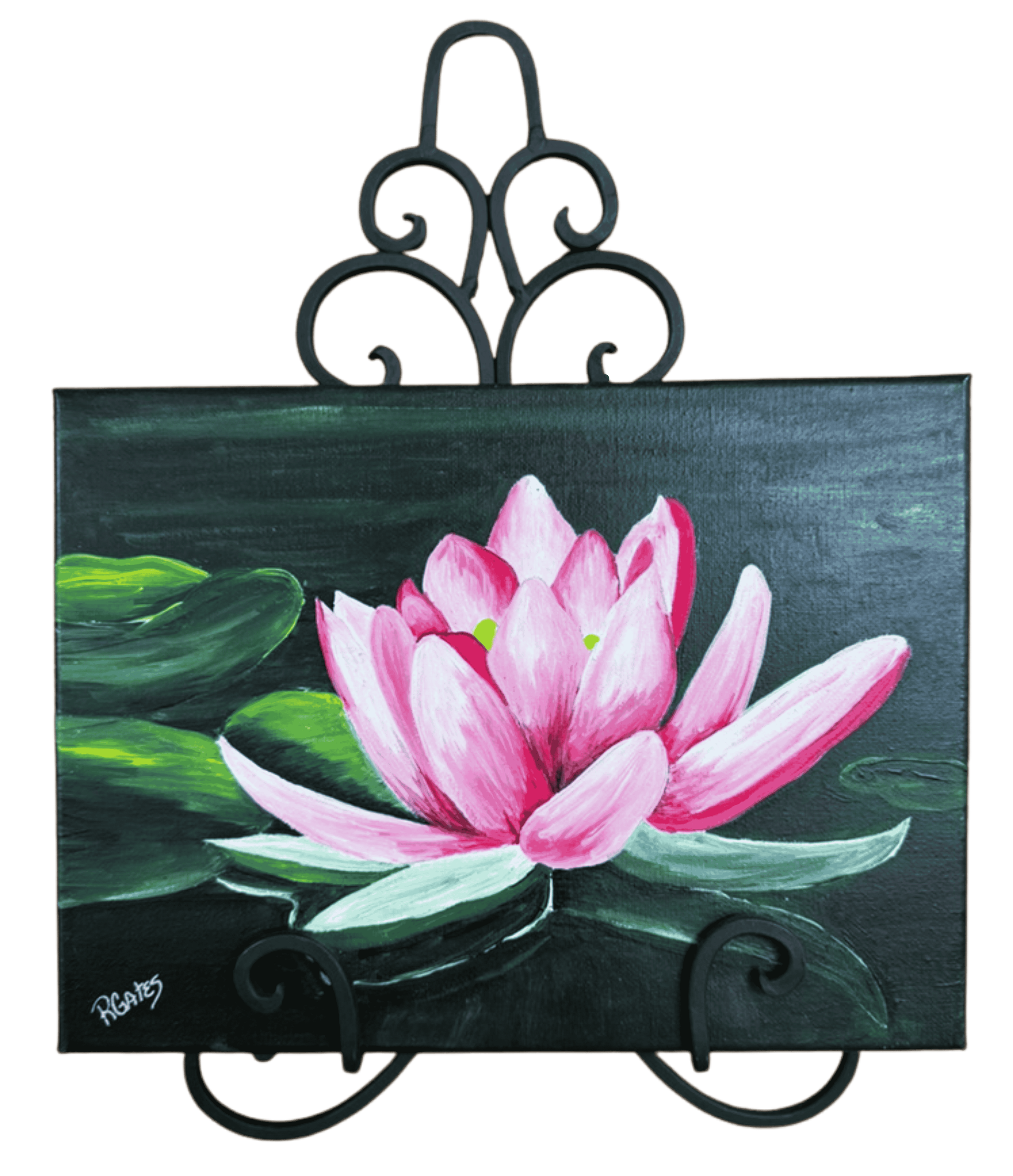 Original acrylic lotus flower painting by R. Gates featuring a vibrant pink lotus bloom floating among green lily pads on dark reflective water.