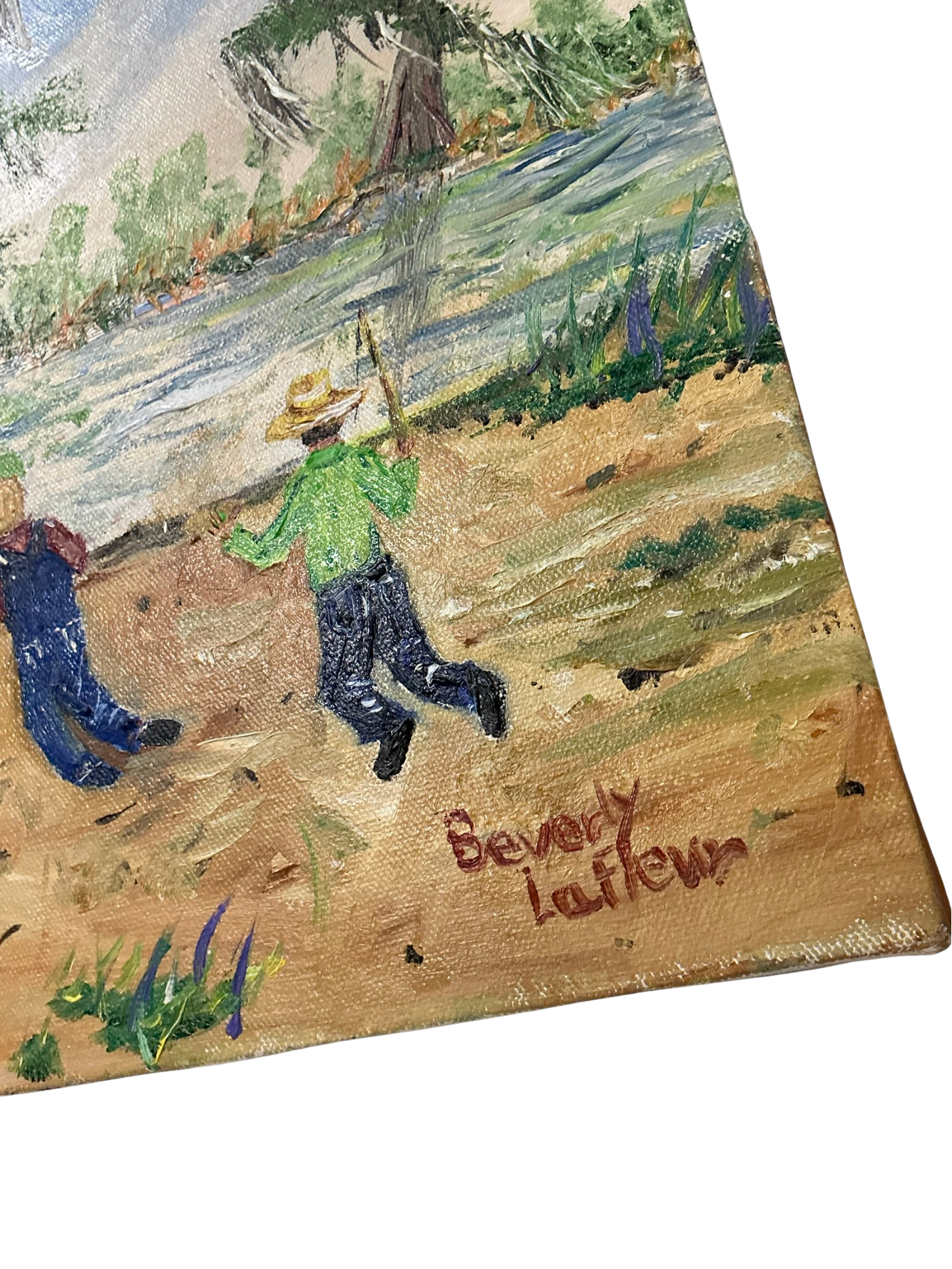 Close-up of Beverly LaFleur artist signature on original acrylic bayou crawfishing painting.