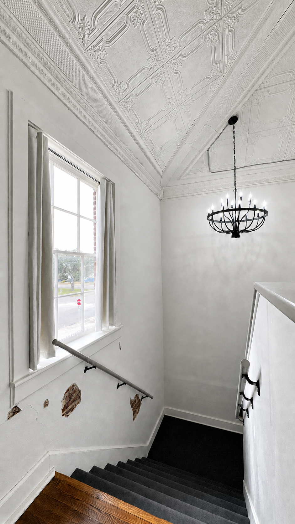 251 Park Venue Entry Staircase and Historic Ceiling Tiles & Chandelier