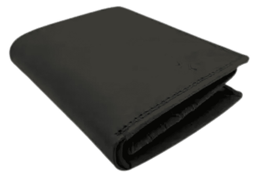 Arrigo RFID-blocking black buffalo leather standing billfold wallet closed showing slim profile and stitched edges.