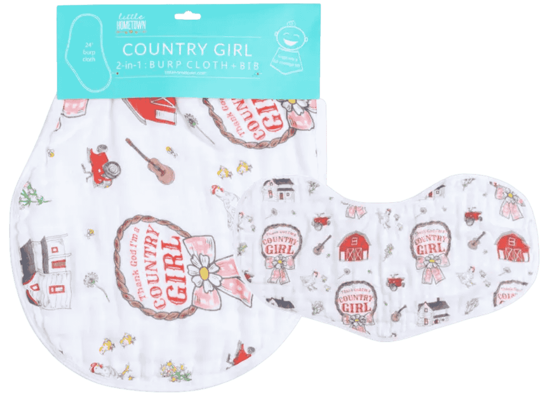 Little Hometown Country Girl 2-in-1 burp cloth and baby bib with farm and southern themed baby pattern.