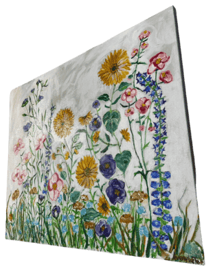 Original acrylic painting by South Louisiana artist Beverly LaFleur showing a colorful garden of wildflowers and blooming plants against a light background.