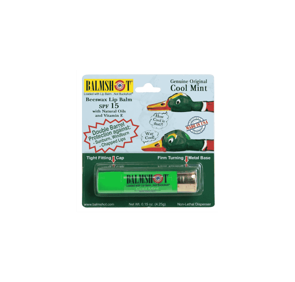 balmshot cool mint lip balm in green shotgun shell tube packaging with spf 15 and duck artwork