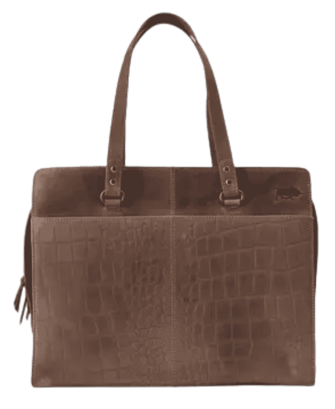 Close-up of cognac leather laptop tote front panel showing croc-embossed texture and stitching.