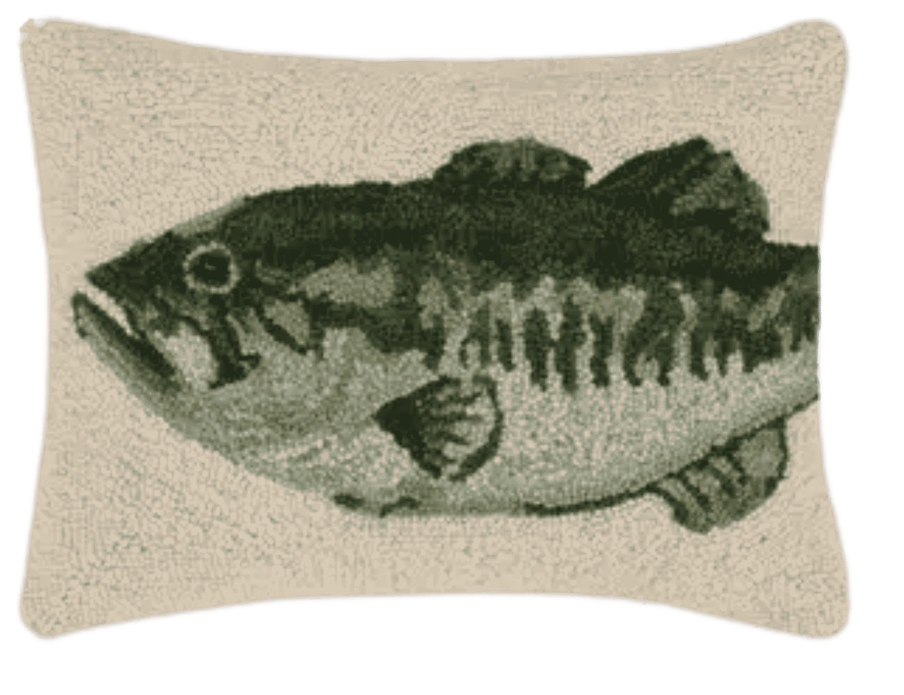 Hooked wool throw pillow featuring a largemouth bass design by Peking Handicrafts with velvet backing.
