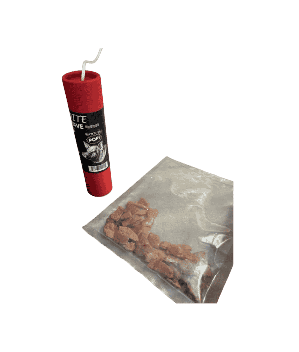 dynamite porky poppers snack with raw pork rind pieces in bag and red novelty container, southern snack ready for microwave popping