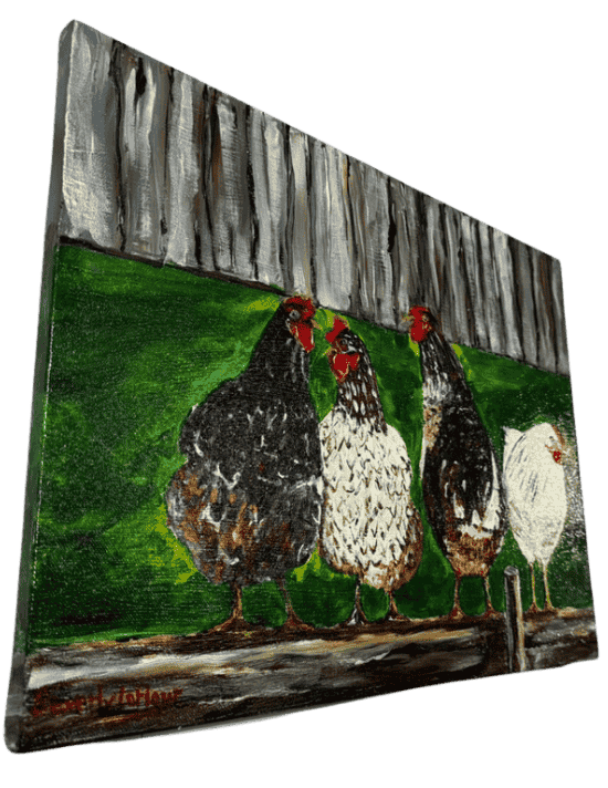 Original acrylic painting by South Louisiana artist Beverly LaFleur showing four chickens perched on a wooden rail against a grassy yard and fence.