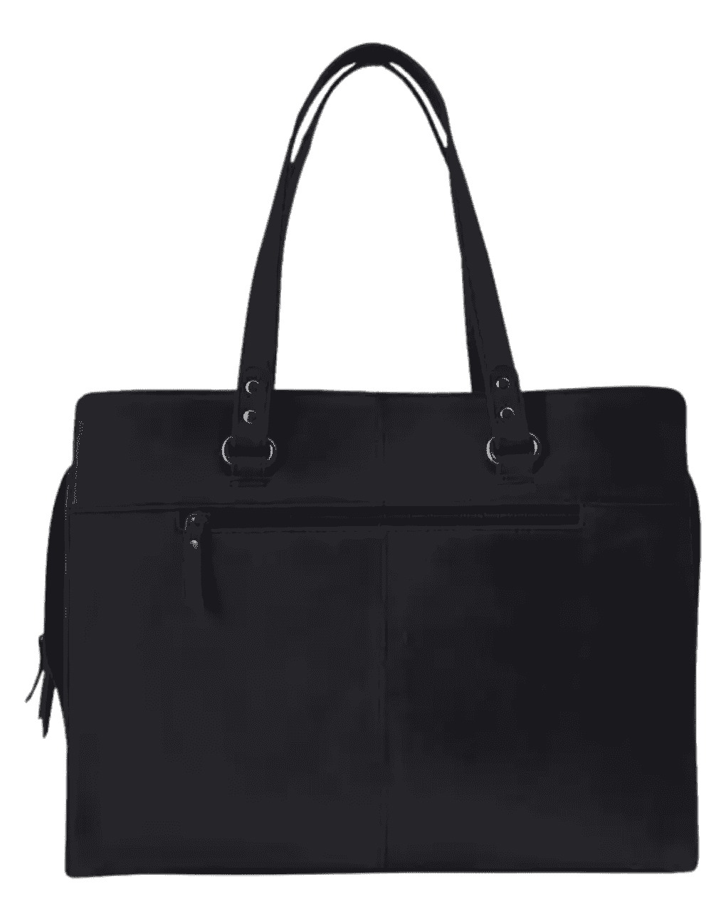 Close-up of back side of Arrigo black leather laptop tote showing smooth leather panel and shoulder strap attachments.