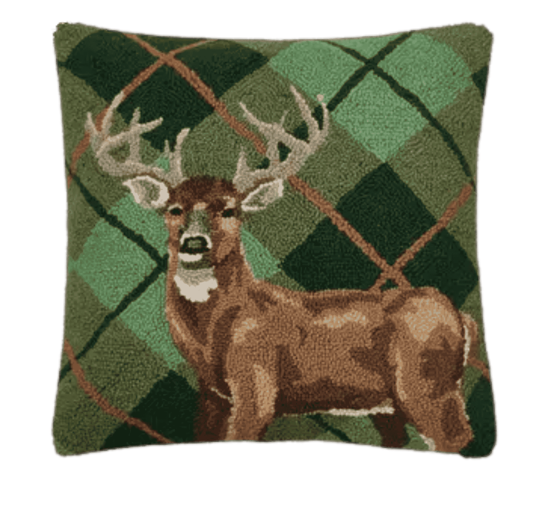 Hooked wool throw pillow with whitetail deer and green argyle background by Peking Handicrafts.