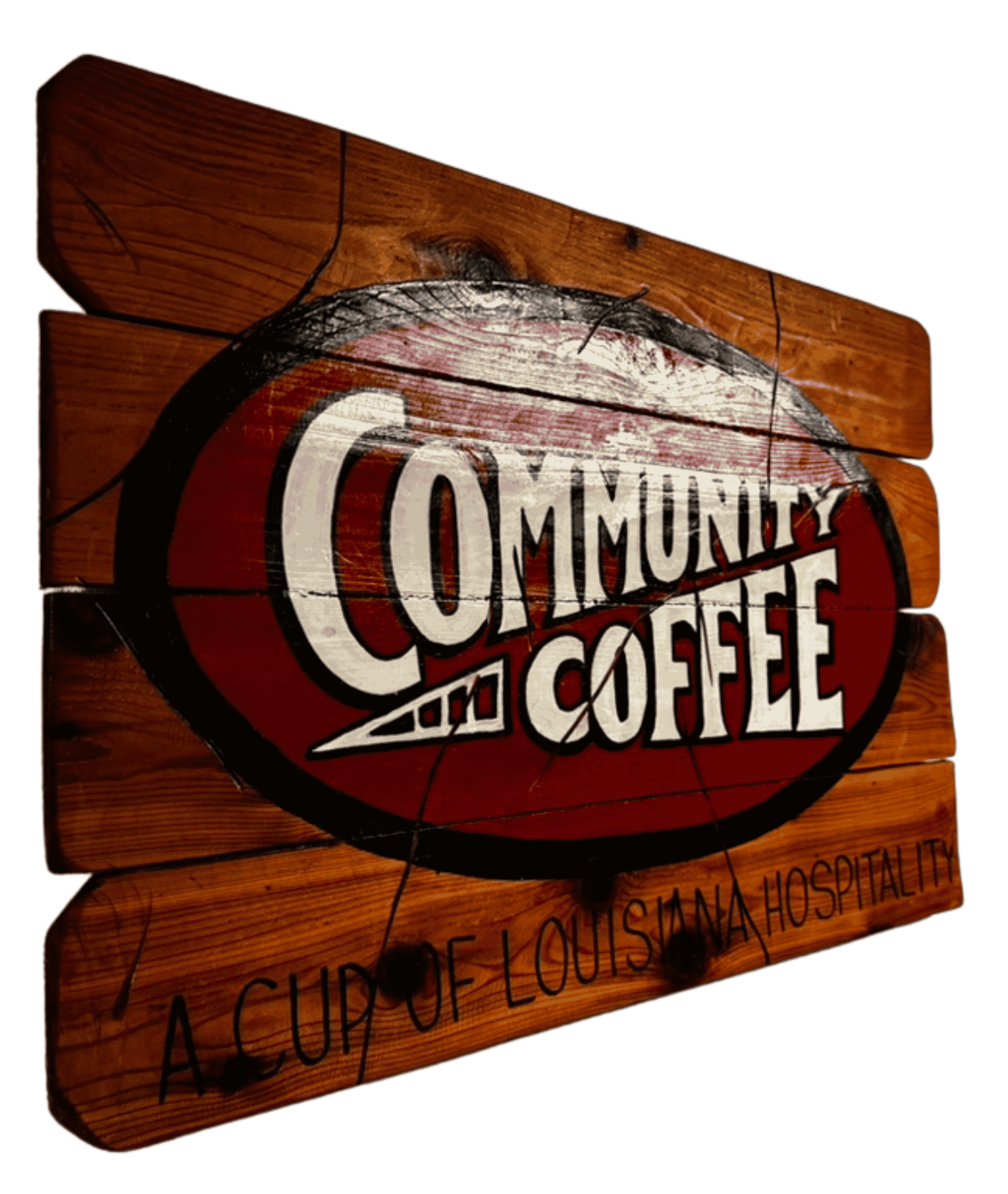 Rustic reclaimed wood Community Coffee sign featuring the iconic Louisiana coffee brand logo.