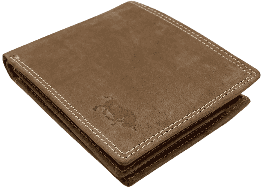 Closed Arrigo leather bifold wallet in light cognac showing stitched edges and embossed logo.