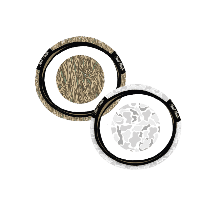 Scent South camo steering wheel cover collection featuring Shadowgrass and Ice Camo patterns designed for comfortable grip and outdoor-inspired vehicle style