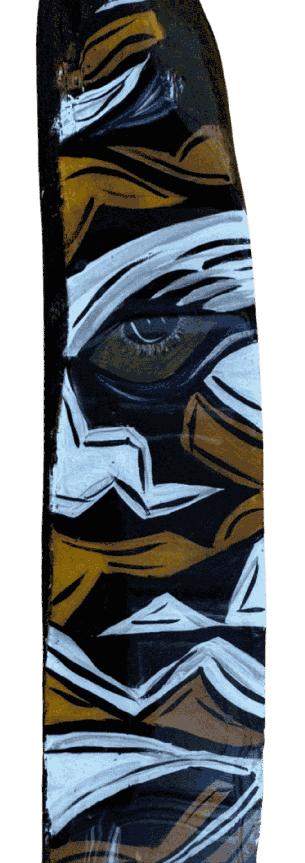 Hand-painted LSU tiger abstract wall art on reclaimed wood plank with bold tiger eye design.
