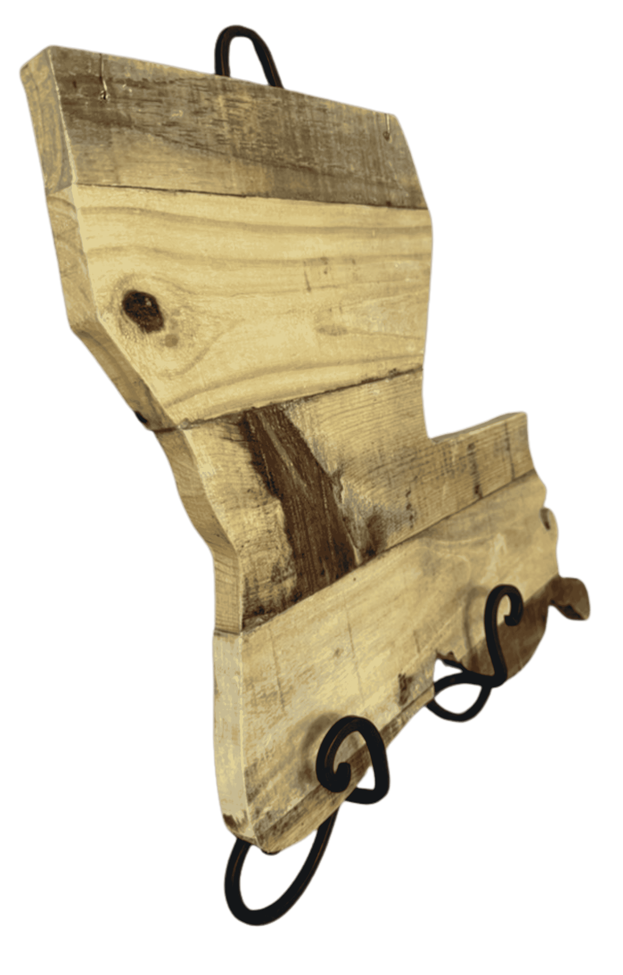 Rustic Louisiana shaped reclaimed wood wall decor showing natural grain and handcrafted design.