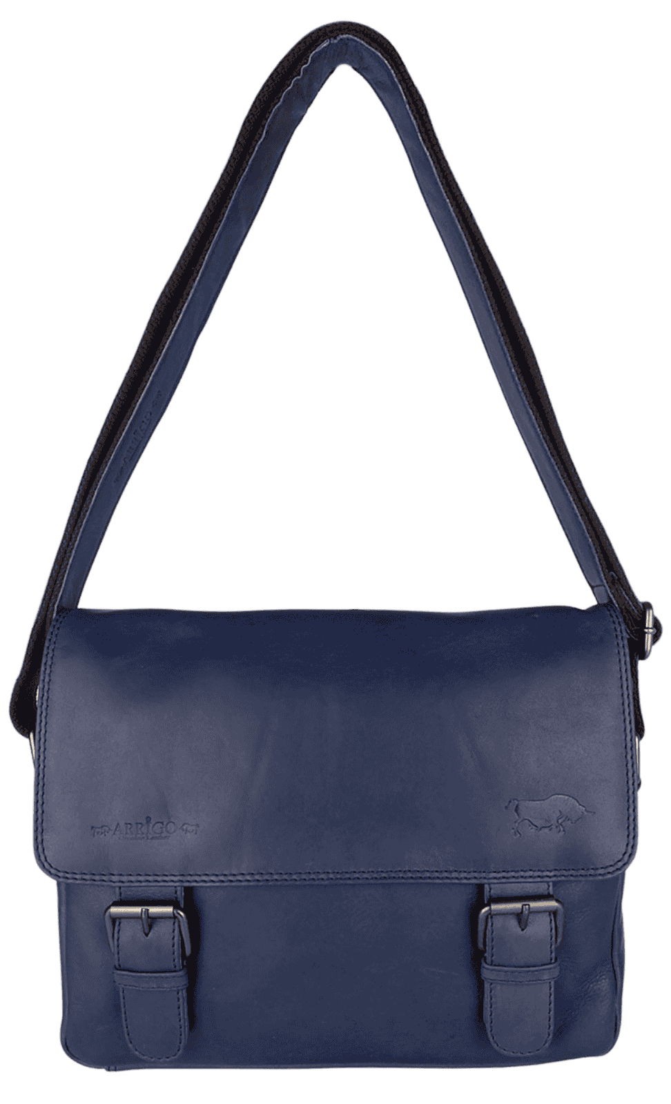 Close-up of adjustable shoulder strap and hardware on legacy navy leather messenger bag.