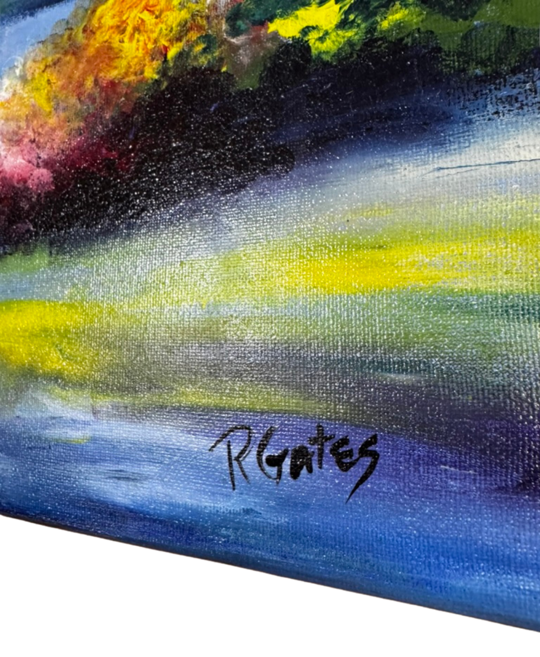 Close-up of R. Gates artist signature on an original acrylic impressionist landscape painting with vivid autumn colors and reflective water.