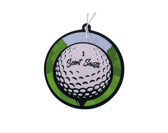 Golf ball Scent South air freshener with tee design, Cedar scent, warm woodsy fragrance perfect for car, golf cart, or everyday driving